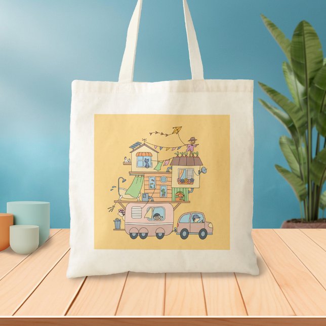 Tote Bag Sur la route Famille Camping Trailer sur Jaune (Créateur téléchargé)