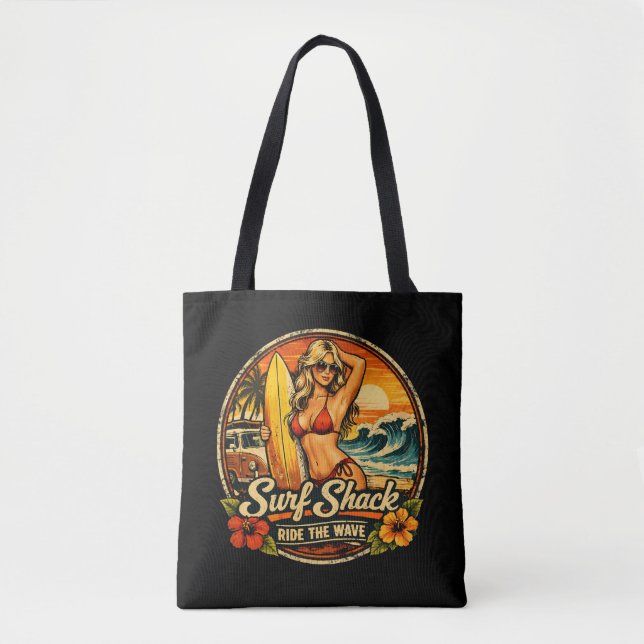 Tote Bag Surf Shack Surfer Pin-Up | Ride The Waves Beach (Devant)