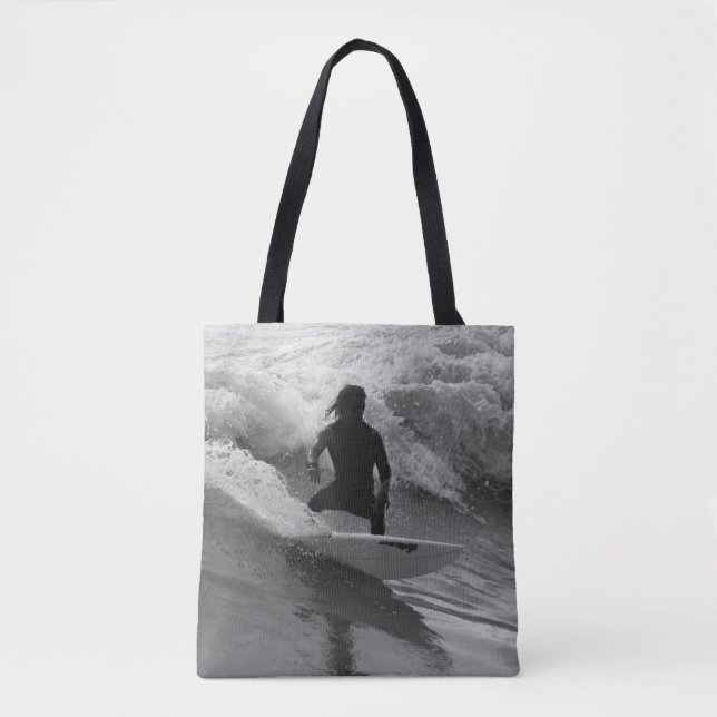 Tote Bag Surfer En Niveaux De Gris Des Vagues (Devant)