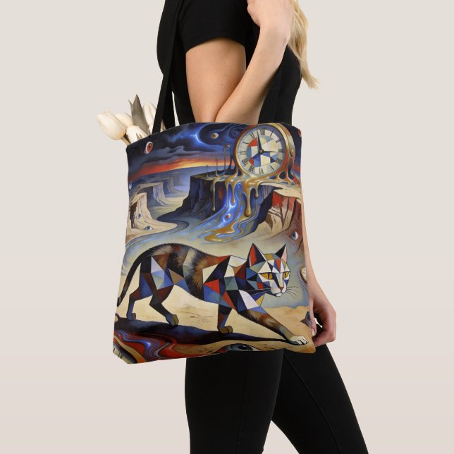 Tote Bag Surreal Cat Melting Clocks Dali Picasso Inspired (De près)