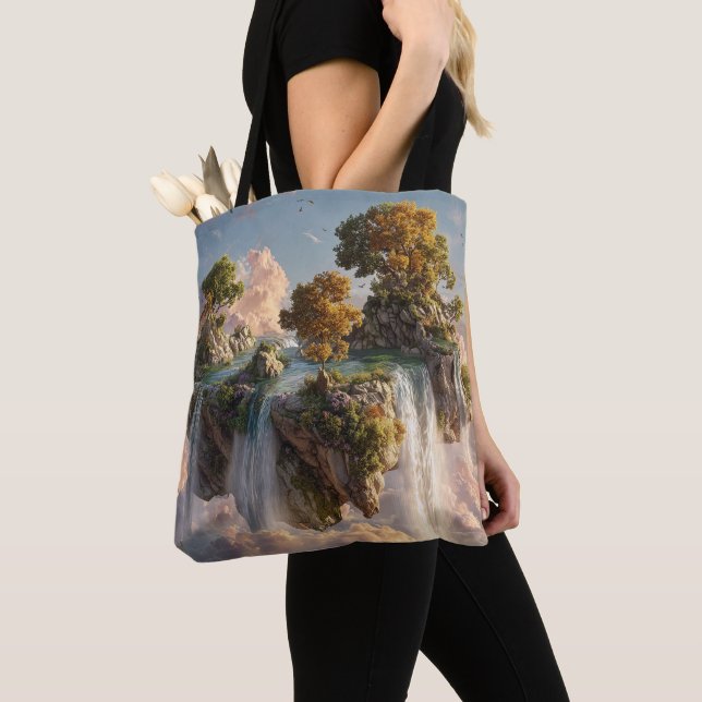 Tote Bag Surreal Floating Cliffs With Waterfalls (De près)