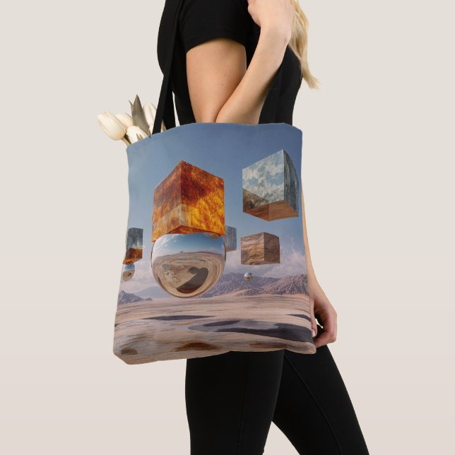 Tote Bag Surreal Floating Cubes And Reflective Sphere (De près)
