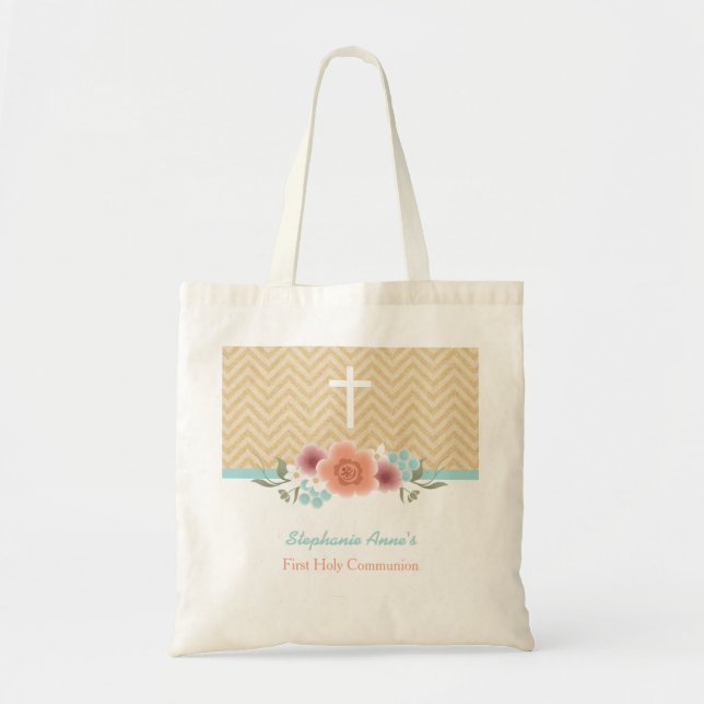 Tote Bag Swag floral communion en or et Aqua (Devant)