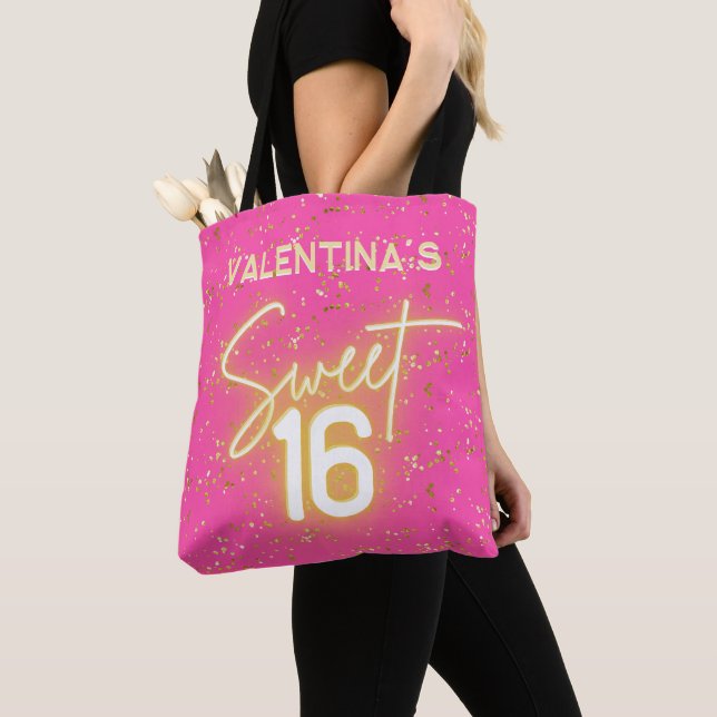Tote Bag  Sweet 16 Hot Pink Neon Glow Gold Glitter Birthday (De près)