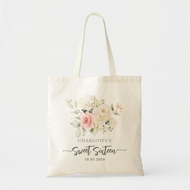 Tote Bag Sweet 16 Rose Floral Anniversaire fête personnalis (Devant)