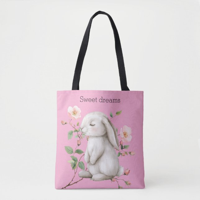 Tote Bag Sweet Dreams Bunny Rabbit Roses Pink Floral (Devant)