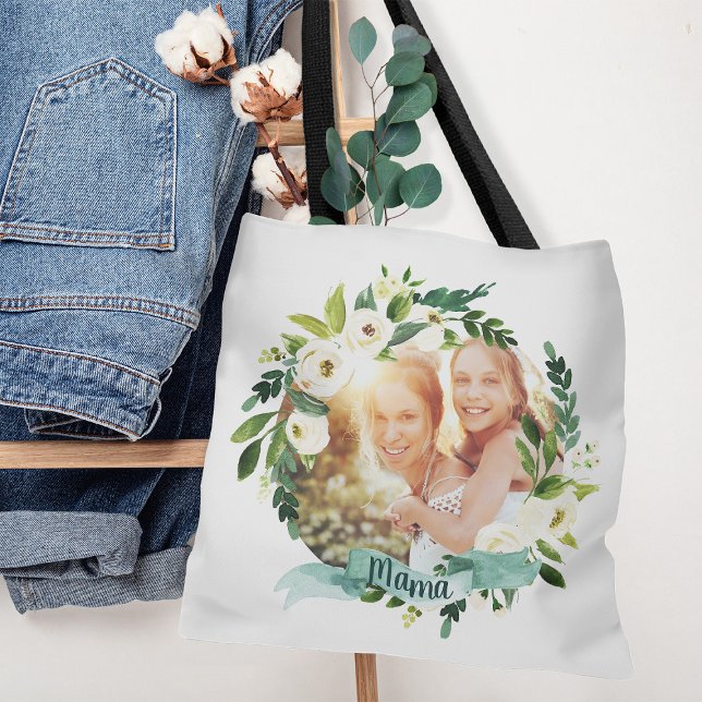 Tote Bag Sweet Greenery Wreath Mama Photo (Créateur téléchargé)