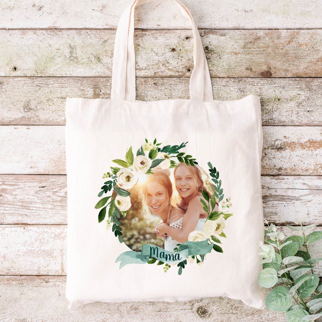 Tote Bag Sweet Greenery Wreath Mama Photo (Créateur téléchargé)