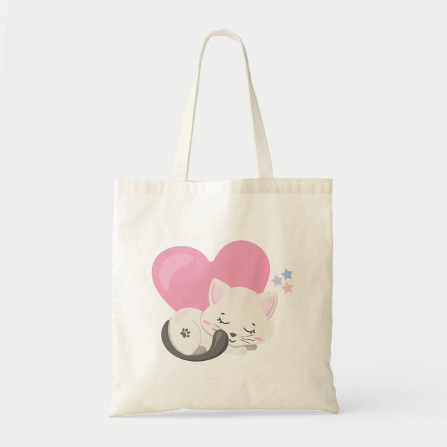 Tote Bag Sweet Kitty Chat Dormir avec un grand coeur en arr (Devant)