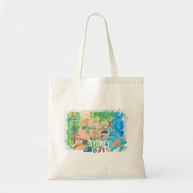 Tote Bag Sydney Australie Carte illustrée avec des monument (Devant)