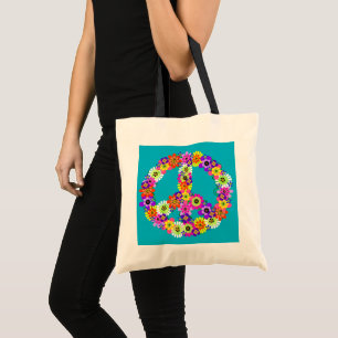Tote Bag SYMBOLE DE LA PAIX COULEUR Floral SUR Turquoise