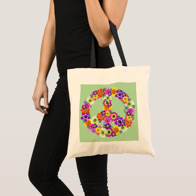 Tote Bag SYMBOLE DE LA PAIX Floral sur vert clair (Devant (produit))