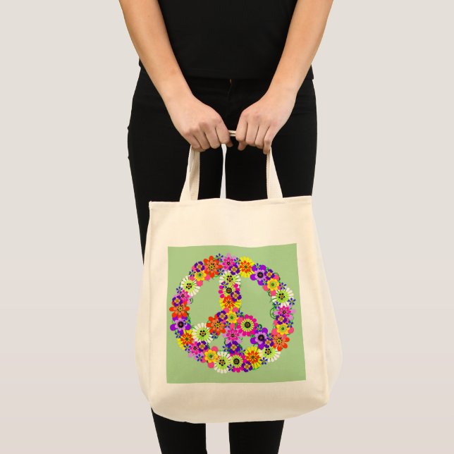 Tote Bag SYMBOLE DE LA PAIX Floral sur vert clair (Devant (produit))