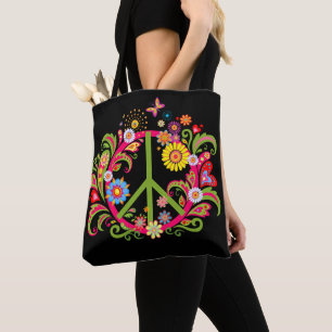 Tote Bag SYMBOLE DE LA PAIX Florale EN NOIR