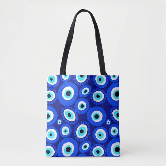 Tote Bag Symbole des yeux grecs Motif bleu blanc (Devant)