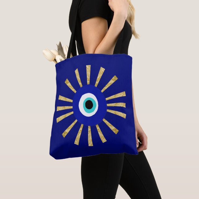 Tote Bag Symbole des yeux grecs sur l'or Sunburst Indigo Bl (De près)