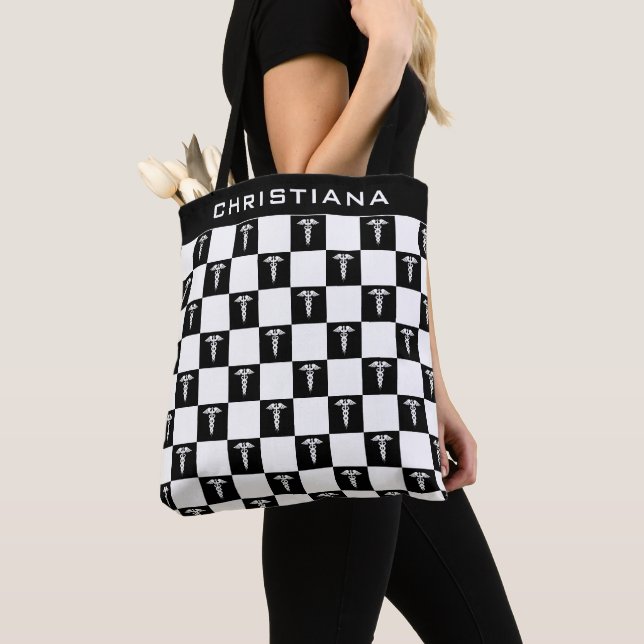 Tote Bag Symbole Médicale noir et blanc personnalisé Caduce (De près)