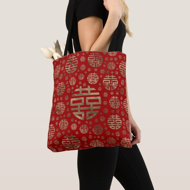 Tote Bag Symbole motif Double Bonheur - Or sur rouge (De près)