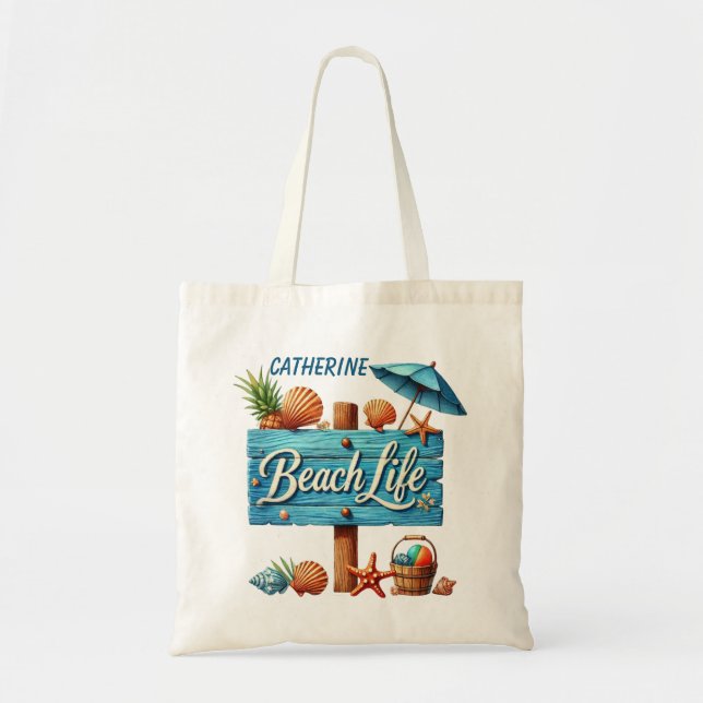 Tote Bag Sympa signe de vie de plage ajouter un nom (Devant)