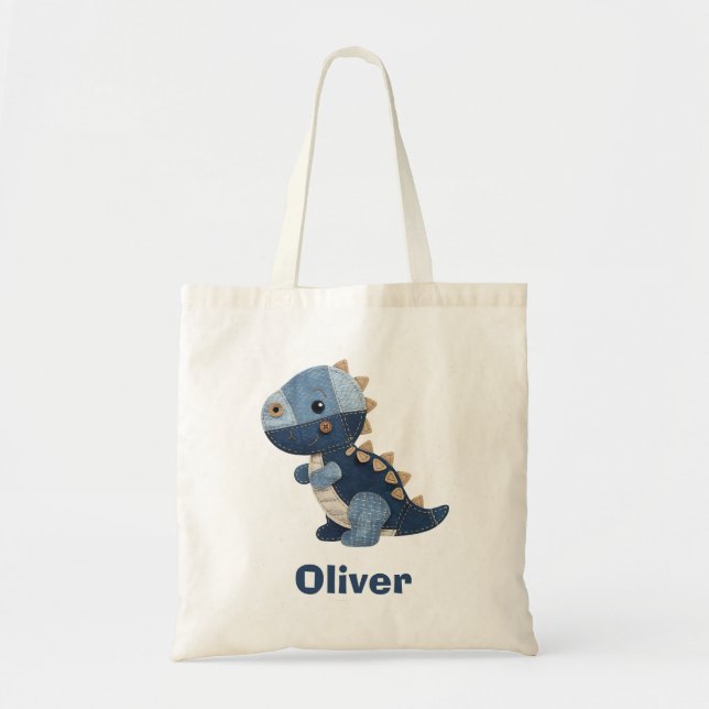 Tote Bag T-Rex bébé en denim patchwork (Devant)
