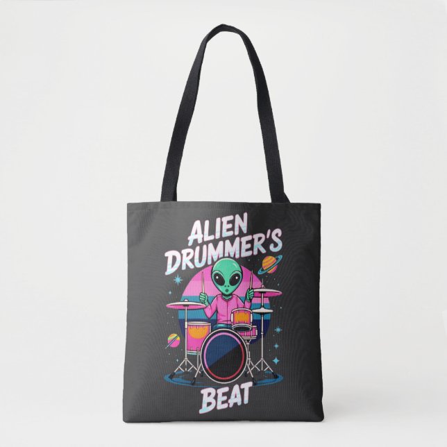 Tote Bag T-shirt Alien Drummer's Beat - Funky Alien Graphic (Devant)