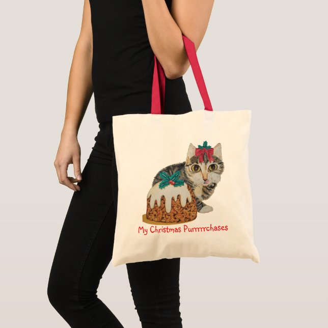 Tote Bag tabby gris mignon chaton lécher patte chat de noël (Devant (produit))