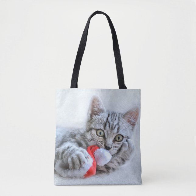 Tote Bag Tabby gris mou Chat avec Noël Casquette (Devant)