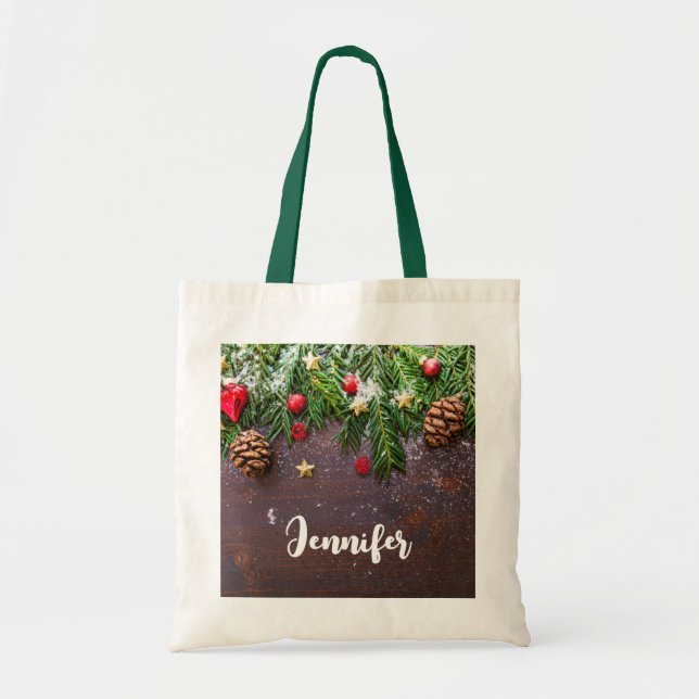 Tote Bag Table de Noël rustique avec pin et neige (Devant)