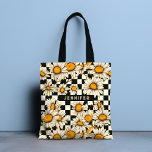 Tote Bag Tableau de contrôle de la marguerite Super rétro N<br><div class="desc">Sac fourre-tout de nom personnalisé Retro Super Daisy Checkerboard comporte un motif de marguerite super sur un arrière - plan motif en damier noir et blanc avec votre texte personnalisé ou votre nom personnalisé au centre. Parfait comme cadeau pour la famille et les amis pour Noël, anniversaire, fêtes, fête des...</div>