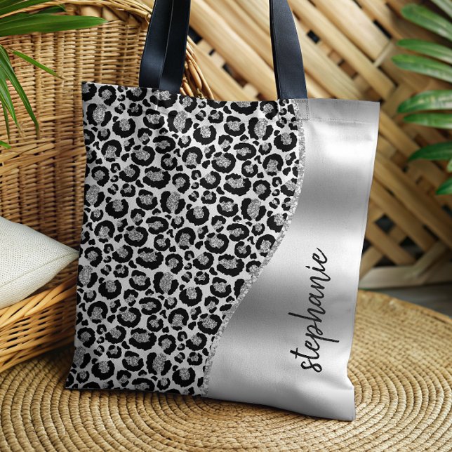 Tote Bag Taches de léopard Glam noir argent métallisé Nom (Créateur téléchargé)