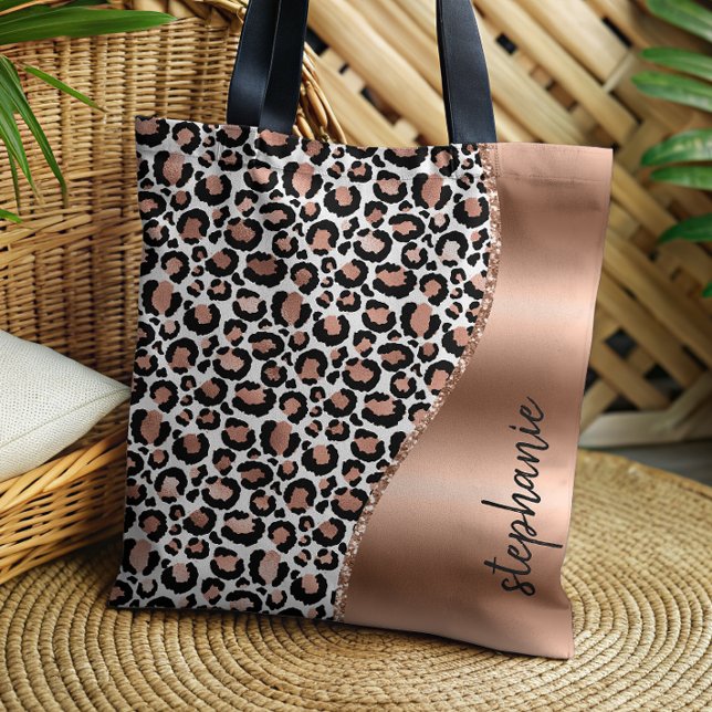 Tote Bag Taches de Léopard Glam Rose Gold Métallic Nom (Créateur téléchargé)