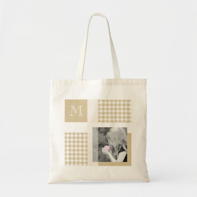 Tote Bag Tan Ajouter Votre Photo En vichy Monogramme Brown  (Devant)