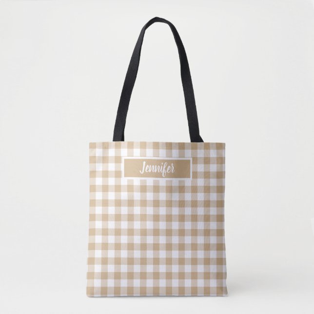 Tote Bag Tan Beige Plaid Gingham Personalized (Devant)