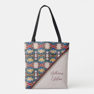 Tote Bag Tan, Blue, White & Red Tribal Inspired Shapes Tote