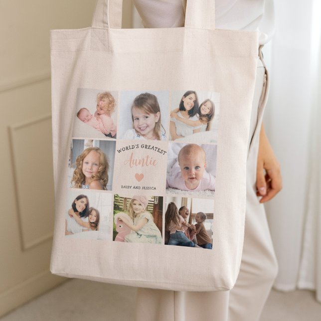 Tote Bag Tante moderne Photo personnalisée Collage Coeur ro (Créateur téléchargé)