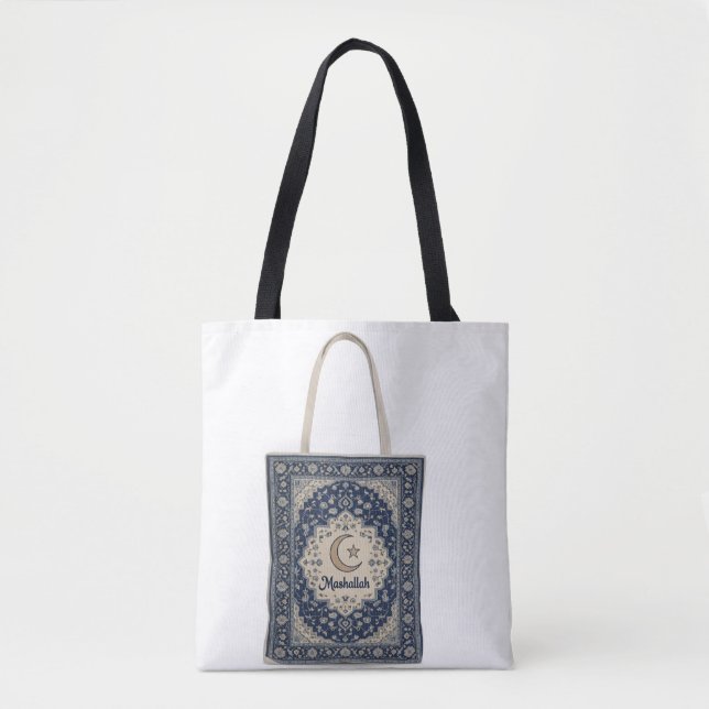 Tote Bag Tapis persan bleu avec texte Mashallah.  (Devant)