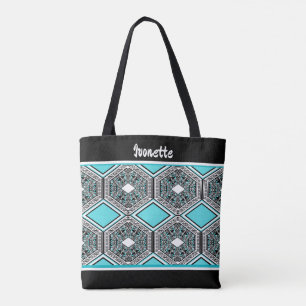 Tote Bag Tapisserie Tribale Turquoise, Blanche & Noire