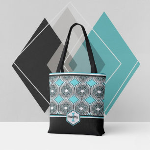 Tote Bag Tapisserie Tribale Turquoise, Blanche & Noire