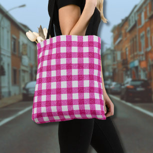 Tote Bag Tartan Pailleté Rose Élégant sur Fond Blanc