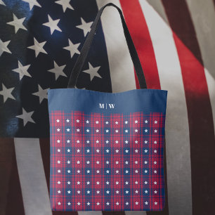 Tote Bag Tartan - Patriotique - Bleu Rouge Étoiles Blanches