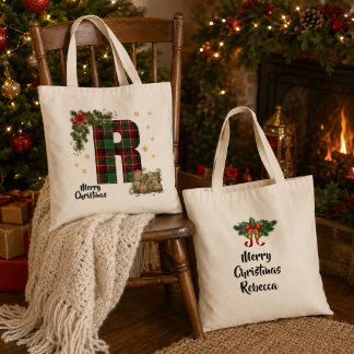 Tote Bag Tartan personnalisé avec initiale et nom de Noël