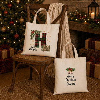 Tote Bag Tartan personnalisé avec initiale et nom de Noël