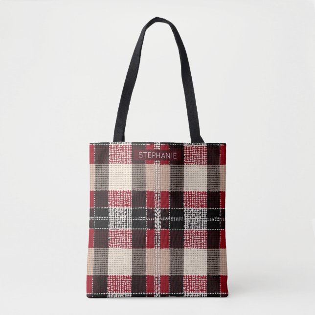 Tote Bag Tartan rouge classique et noir - Rustique tissé (Devant)