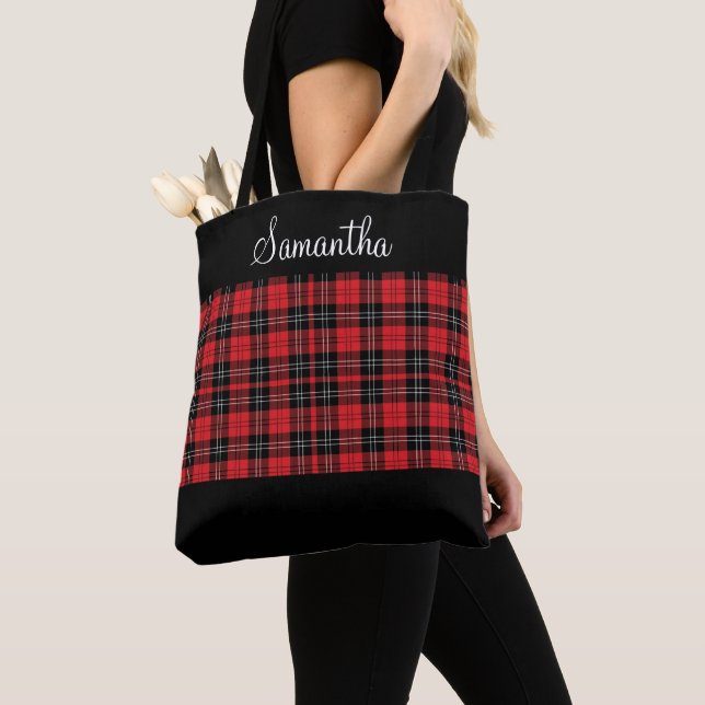 Tote Bag Tartan Rouge Noir et Blanc Buffalo carreau  (De près)
