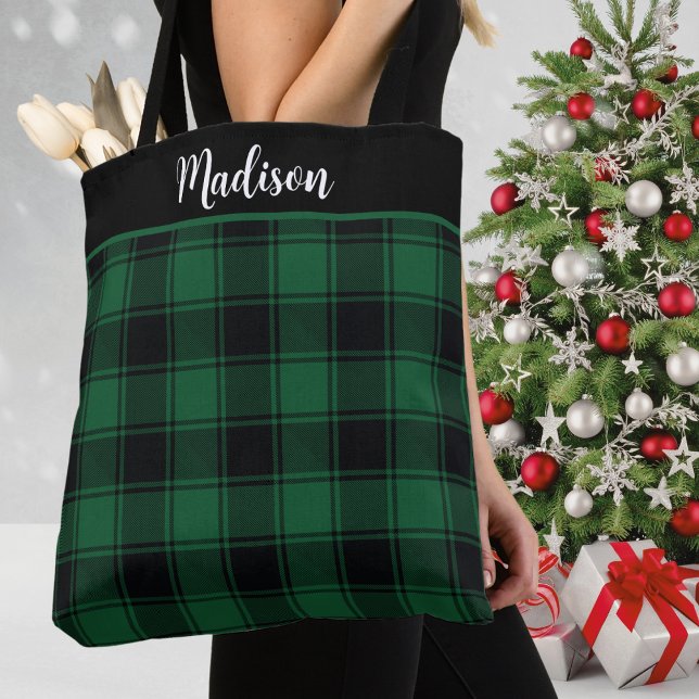 Tote Bag Tartan vert et noir sur mesure (Green and Black Tartan Plaid Custom Tote Bag for the Christmas Holiday Season - just add your name!)