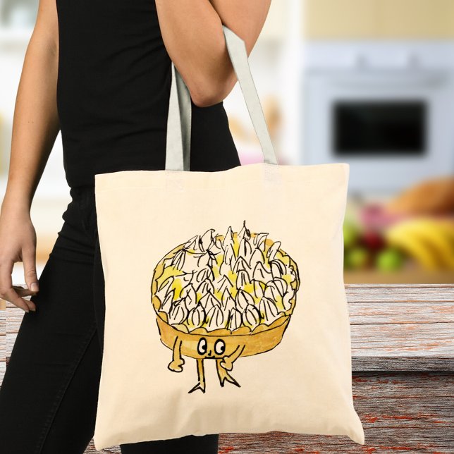 Tote Bag Tarte au citron meringué amusant et joli dessin an (Cute lemon meringue pie cartoon art tote bag quirky watercolor artwork by artist Catherine Sweetman)