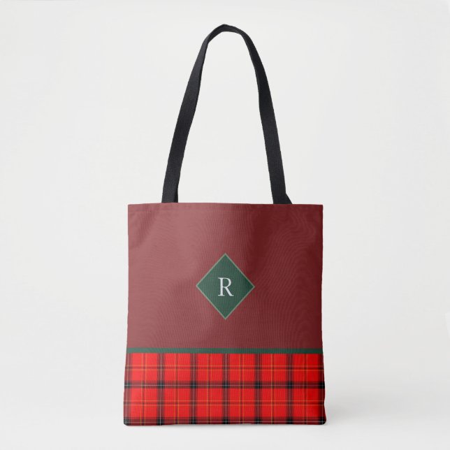 Tote Bag Tartelan de Noël rouge et vert patiné Monogramme (Devant)