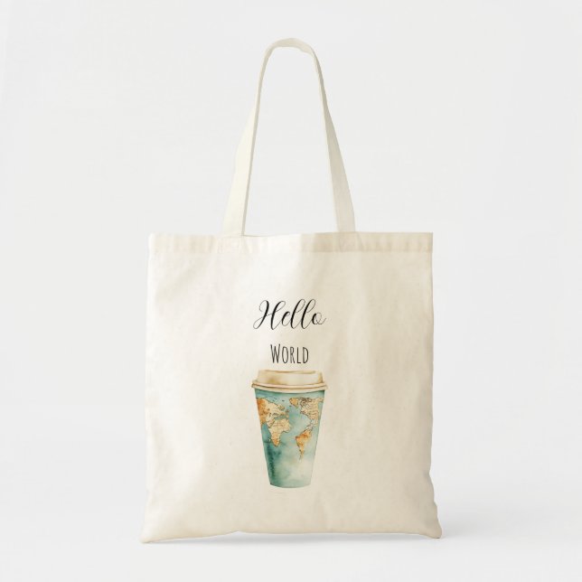 Tote Bag Tasse à café Bleu Hello World (Devant)