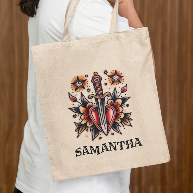 Tote Bag Tatouage Rétro Dague de Coeur Vierge de Mariage (Créateur téléchargé)