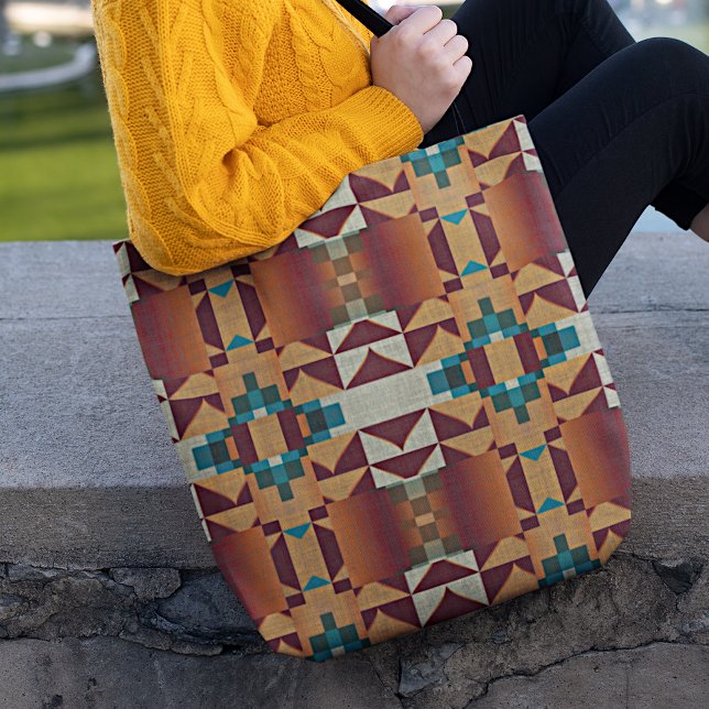 Tote Bag Taupe Brown Teal Blue Green Tribal Art Pattern (Créateur téléchargé)